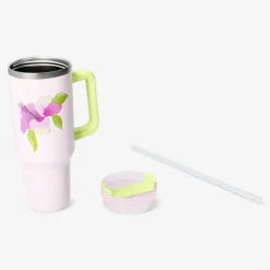Fashion Flying Tiger Becher mit Hibiskusprint, Deckel und Strohhalm - 1200 ml